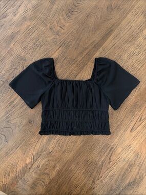 Hollister Black Smocked Square Neck Sheer Sleeve Crop Blouse Size L